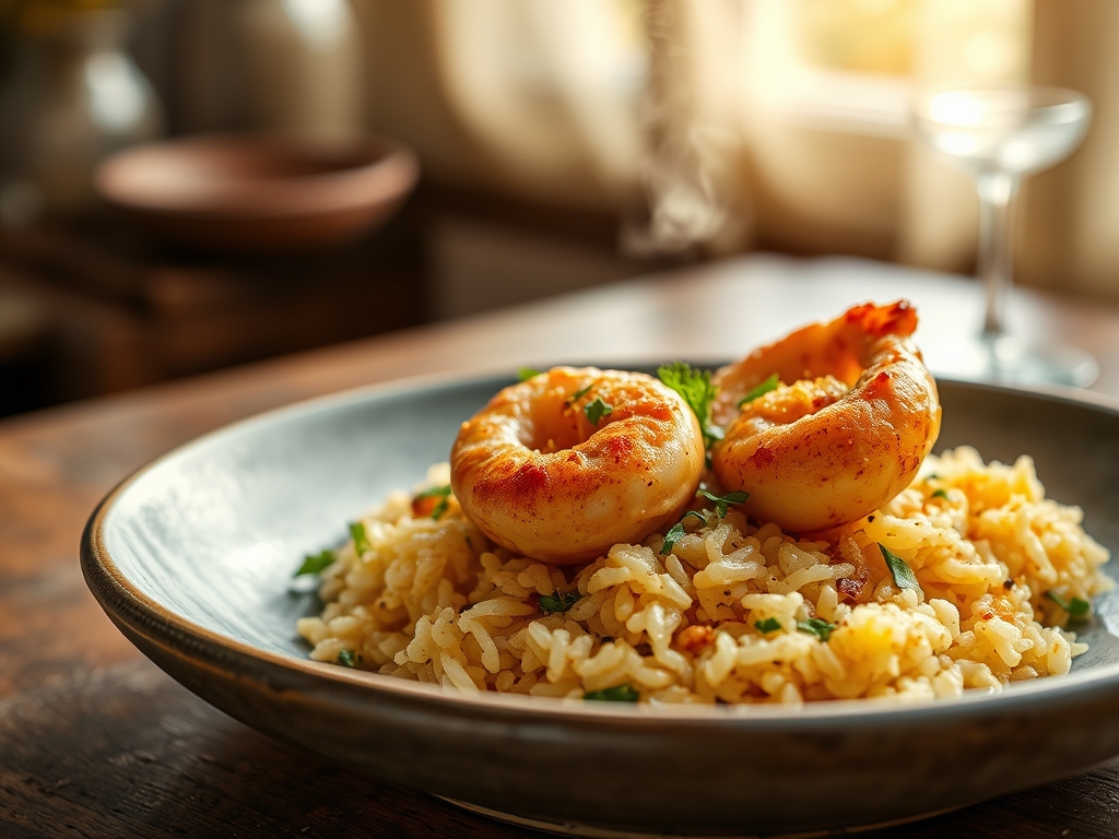 Arroz con sepia y gambones reales