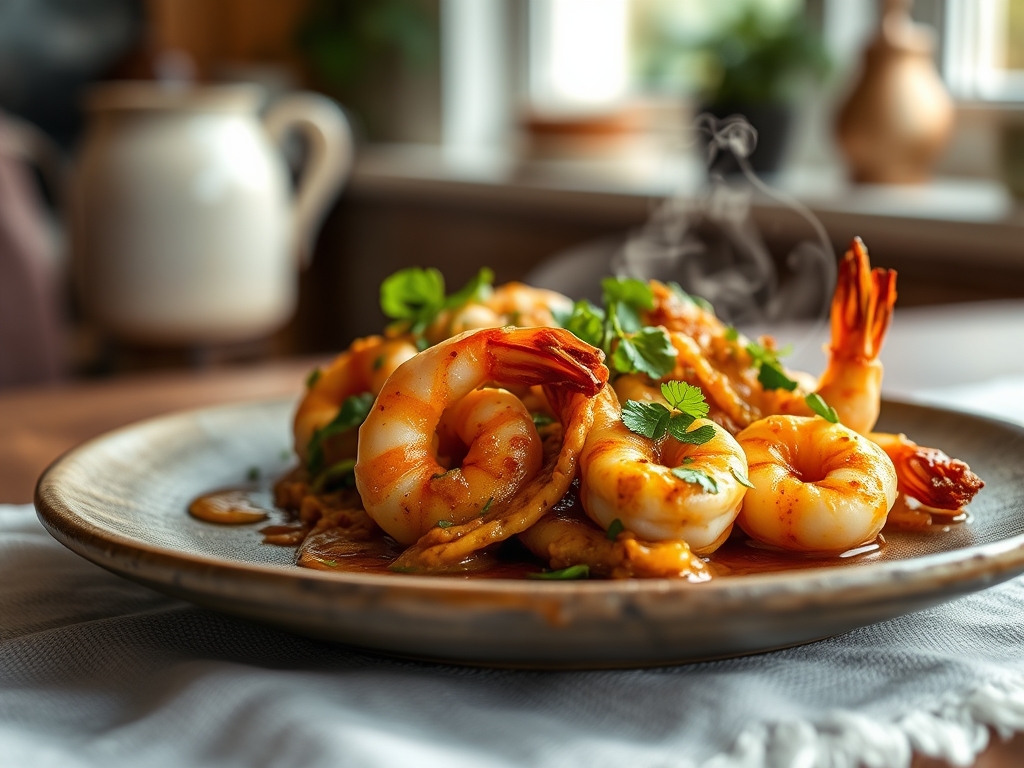 Gambas con salsa de coco y curry