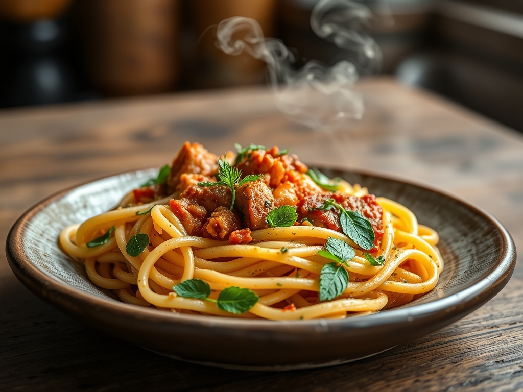 Pasta con ragú de cordero y menta